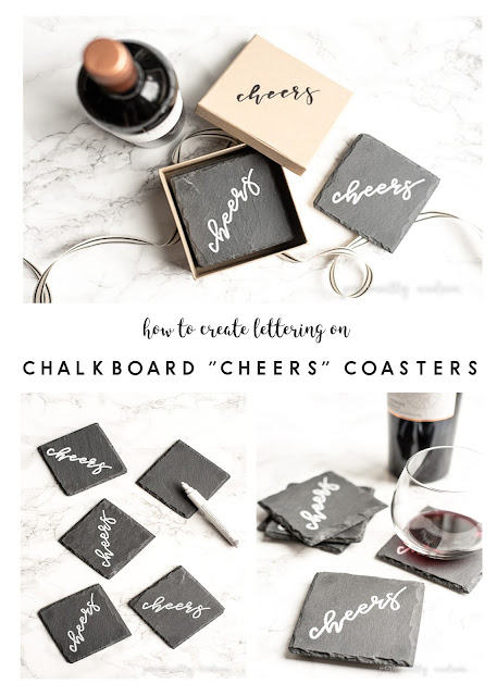 Chalkboard Style Slate Coasters with Lettering Tutorial |How to create chalkboard look lettering on slate coasters with a white paint marker.  These make a lovely and personalized gift for your host/hostess, teacher or as a housewarming gift. | personallyandrea.com