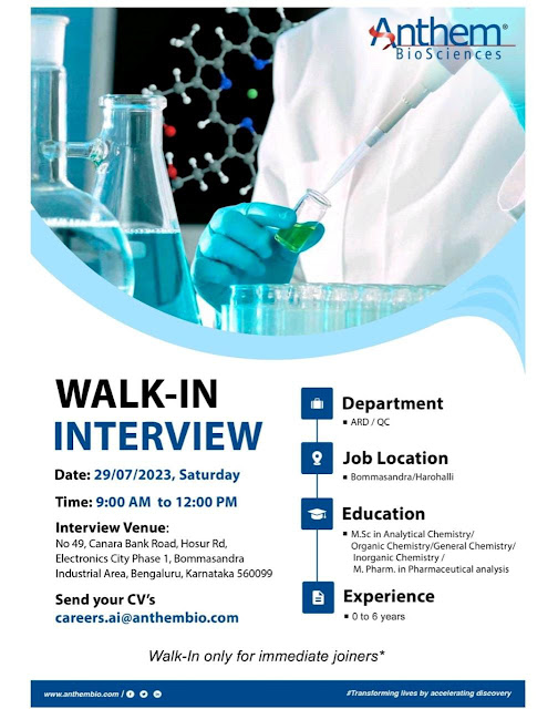 Job Available's Anthem Bioscience Walk In Interview for MSc Analytical Chemistry/ Organic Chemistry/ General Chemistry/ Inorganic Chemistry/ M Pharm Pharmaceutical Analysis