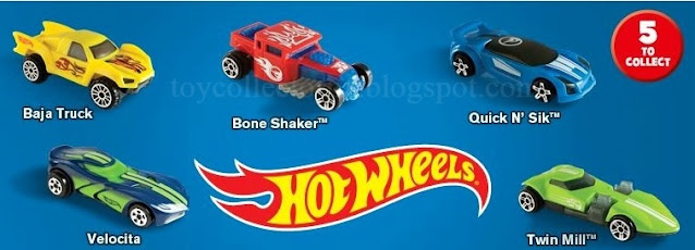 McDonalds Team Hot Wheels Happy Meal Toys 2015 Australia and New Zealand Set of 5 Vehicles including Baja Truck, Bone Shaker, Quick n' Sik, Velocita and Twin Mill cars