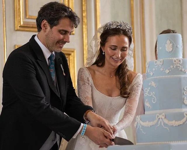 Princess Sophie-Alexandra wears a Bavaria diadem, and a wedding dress. Prince Alois and Princess Sophie
