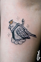 Tattoo Yonni-Gagarine : Big Fat Bird House Crown Stars Cloud Tattoo