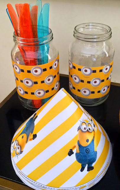 Ioanna's Notebook - DIY Minion cuttlery jars and free printable Minion party hats 