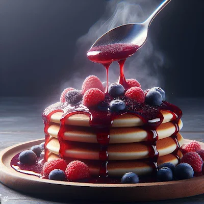 Auf dem Bild ist ein Teller mit frischen Pancakes und einer Beerensauce. Die Beerensauce wurde mit Heidelbeeren, Erdbeeren, Brombeeren und Himbeeren zubereitet.