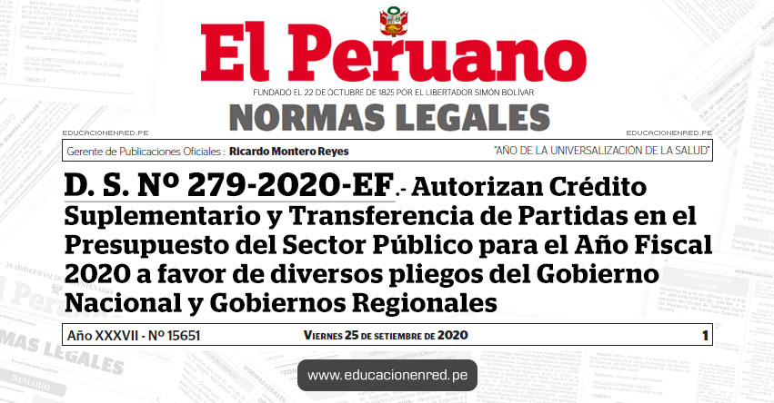 D. S. Nº 279-2020-EF.- Autorizan Crédito Suplementario y Transferencia de Partidas en el Presupuesto del Sector Público para el Año Fiscal 2020 a favor de diversos pliegos del Gobierno Nacional y Gobiernos Regionales