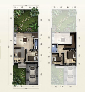 Denah rumah minimalis ukuran 6x18 meter 3 kamar tidur 2 lantai