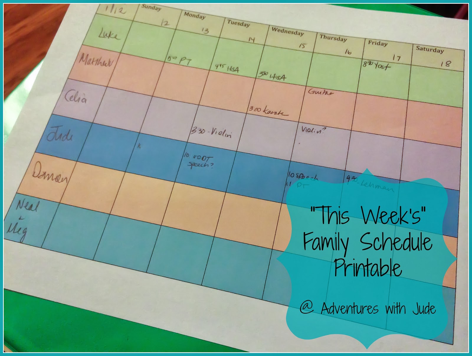 Free family schedule printable from Adventures with Jude