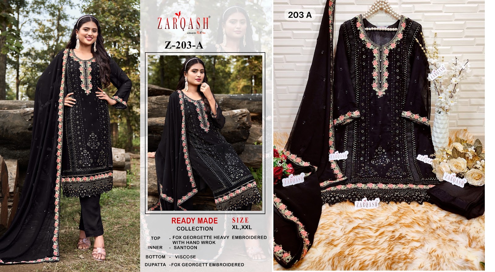 203 Zarqash Fox Georgette Embroidered Work Pakistani Readymade Suits