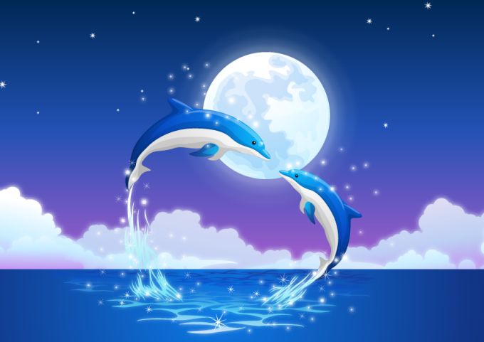 Free Vector がらくた素材庫 月夜に跳ねるイルカ Dolphins Jumping Out Of The Sea
