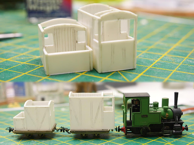 A final photo montage showing the two brake van versions alongside the O&K steam locomotive.