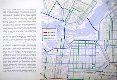 Page with a column of text on the left and a map on the right showing traffic volumes on arterial streets in downtown Ottawa, with Carling west of Bronson and the Wellington-Rideau junction having the highest levels (over 3000), Wellingotn between Broad and Preston the next highest (over 2250), and other streets having lower traffic volumes.