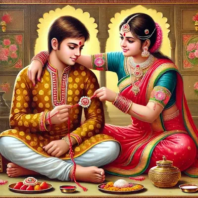 A sister tying a rakhi on her brother's wrist during Raksha Bandhan.