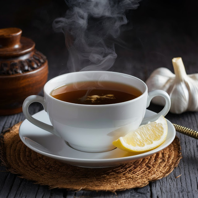 A photo of a steaming cup of garlic tea, perhaps with a slice of lemon on the side for flavoring.