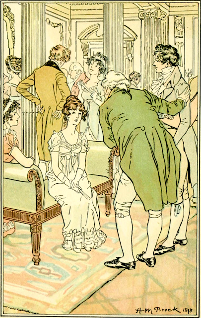 Mr Tilney is presented to Catherine Morland in Northanger Abbey by H M Brock (1898) from The Novels and Letters of Jane Austen ed by R Brimley Johnson (1906)