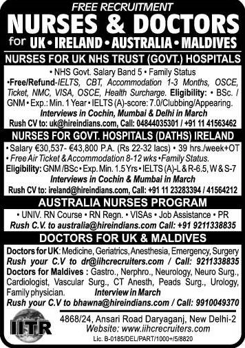 Nurse Job vacancies for UK, Ireland, Australia & Maldives