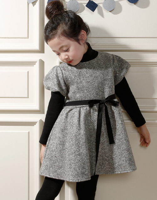 Black Ribbon Dress with Puffed Sleeves