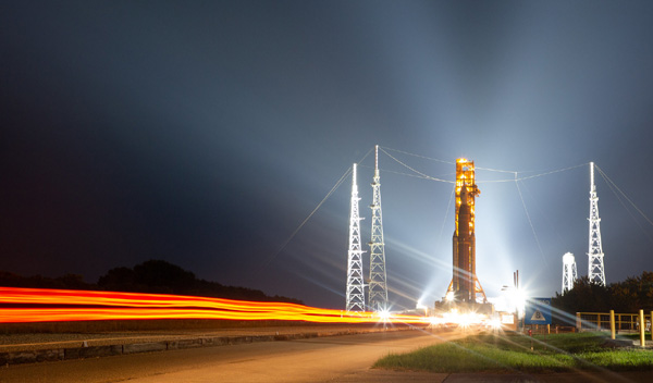 With Hurricane Ian approaching, NASA's Space Launch System rocket begins its rollback from Pad 39B to the Vehicle Assembly Building at Kennedy Space Center in Florida...on September 26, 2022.