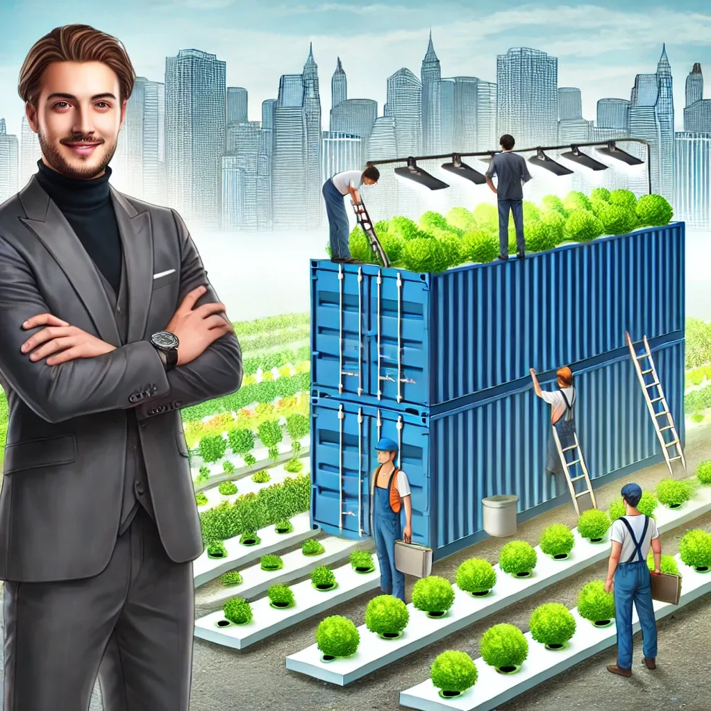 "A confident hydroponic farm owner standing in front of an expanding farm with multiple shipping containers, as workers install new hydroponic systems with a city skyline in the background."