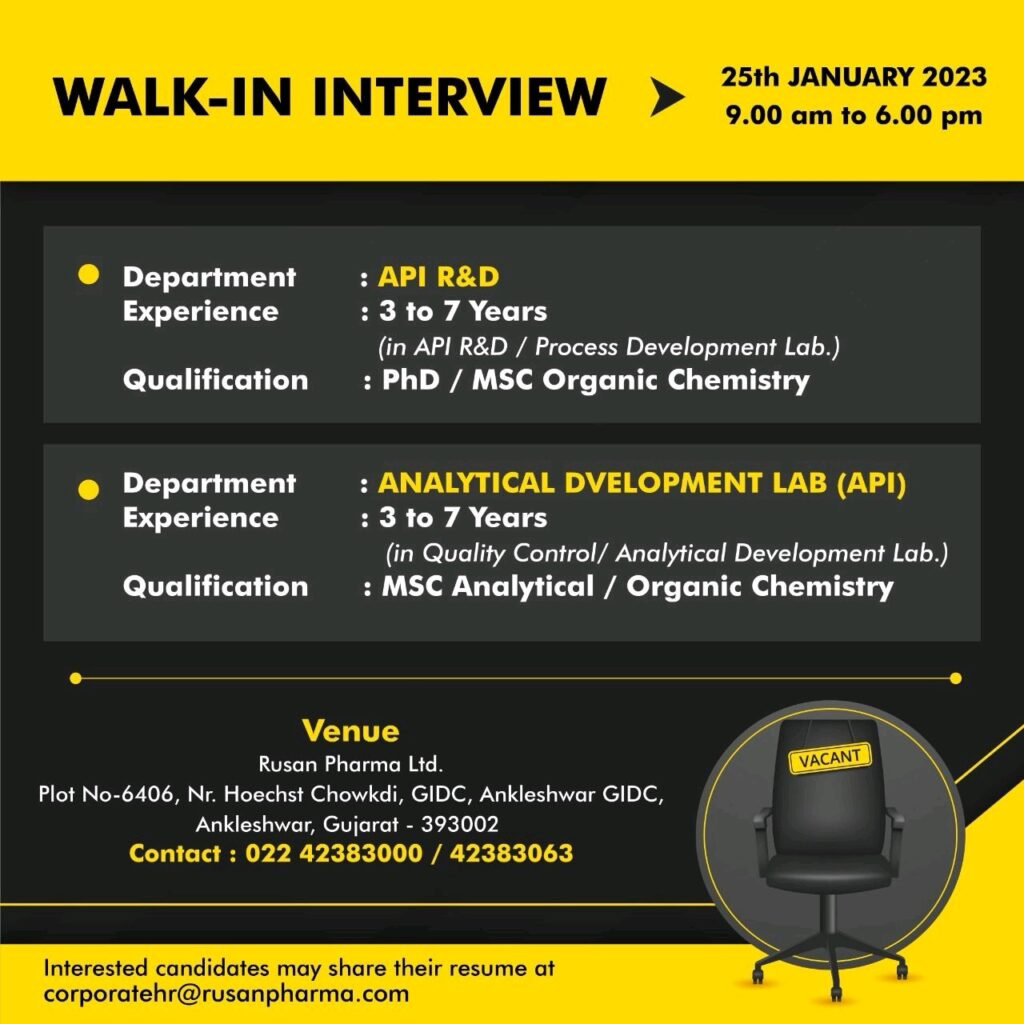 Job Availables, Rushan Pharma Ltd Walk In Interview For R&D/ Analytical Development Lab Department