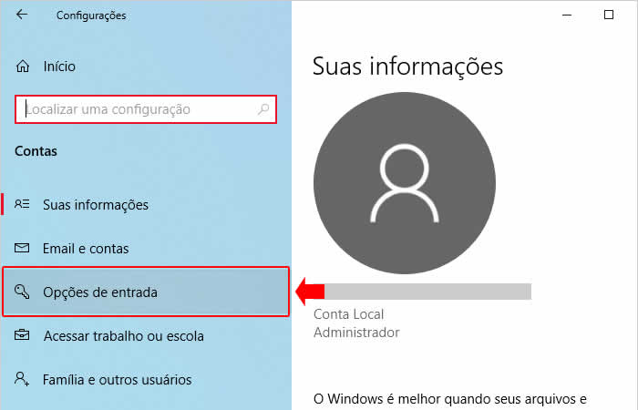 Opções de entrada do Windows