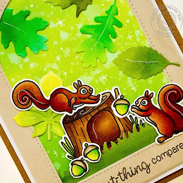 Sunny Studio Stamps: Squirrel Friends Card by Alma Störk (featuring Autumn Greenery, Stitched Arch Dies, Slimline Dies)