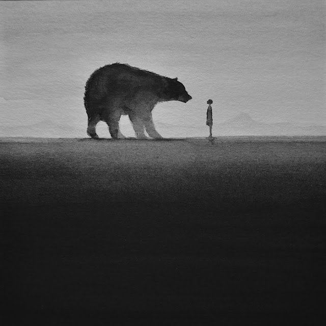 Watercolor Black and white Paintings Of Children And Animal 