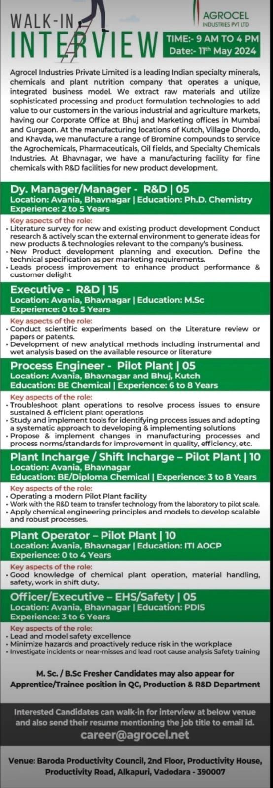 Agrocel Industries Walk In Interview For R&D/ Process/ Pilot Plant/ EHS/ Safety