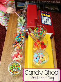 Kid experience math, writing, and fine motor skills through this pretend play candy shop dramatic center!