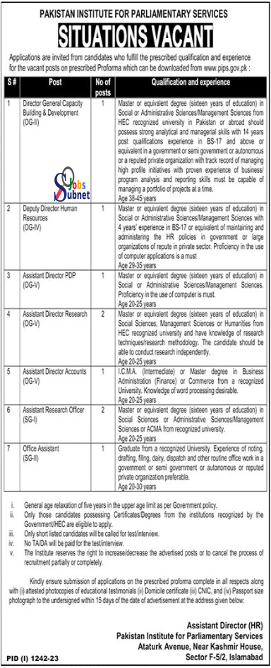 PIPS Pakistan Institute For Parliamentary Services Jobs 2023