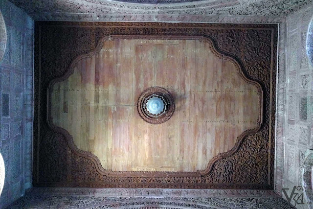 The grand wooden ceilings of the Ganga Durbar Hall