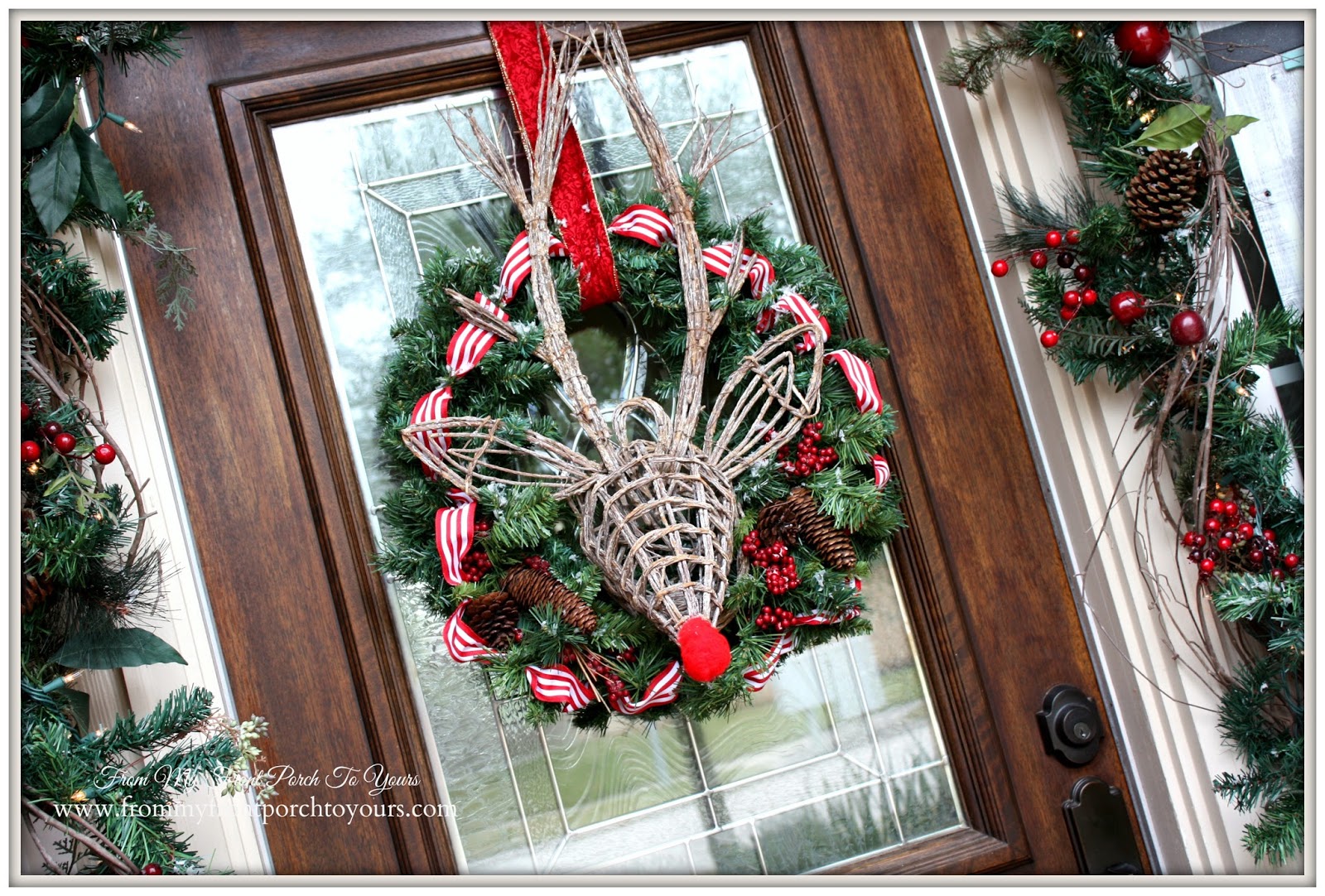 Rudolph Christmas Wreath-Simple Vintage Christmas Front Porch- From My Front Porch To Yours