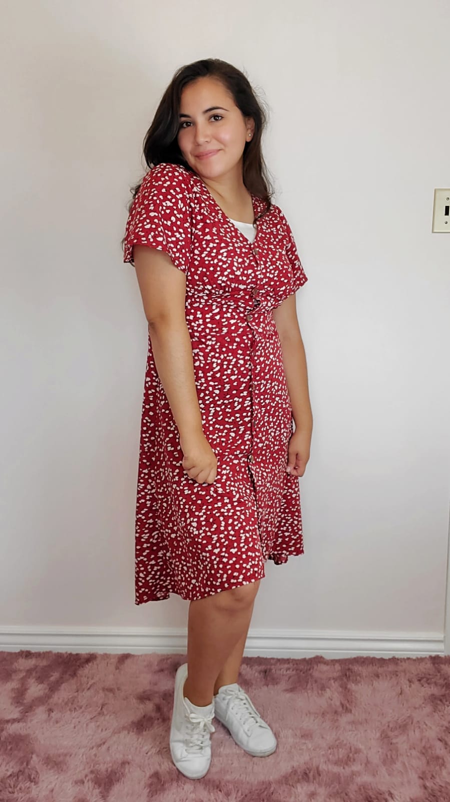 Shein Ditsy Floral Print Button Front Dress - Midi Red Floral Dress - Modest OOTD - Modest Outfit Ideas - Christian and Catholic Modesty - Midi Summer Dress with White Nike Sneakers