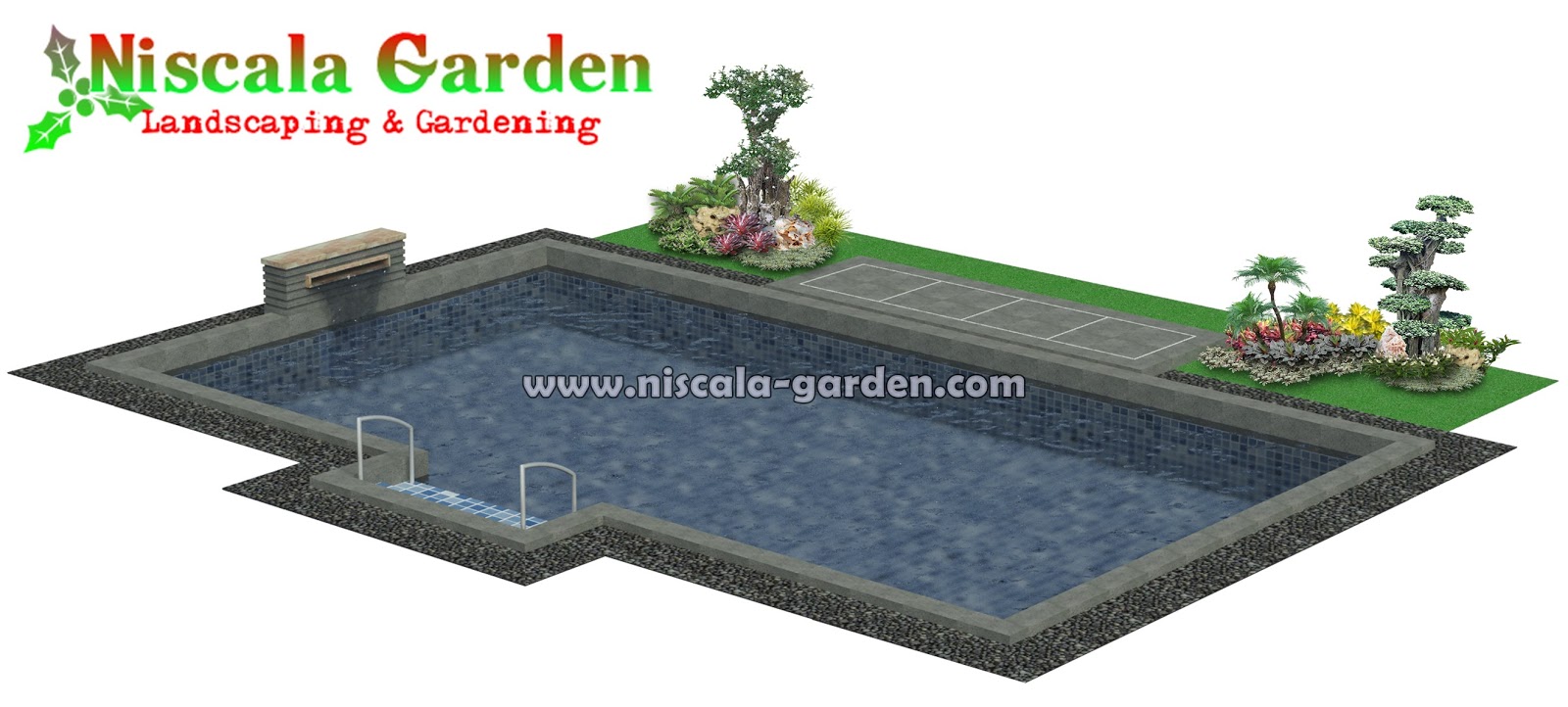 SKETSA 3D DESAIN TAMAN DAN KOLAM NISCALA GARDEN Tukang Taman