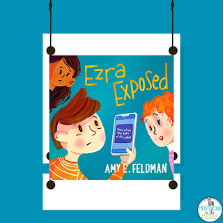 Cover of the book Ezra Exposed shows a boy holding a cell phone with a young girl and an older woman looking on