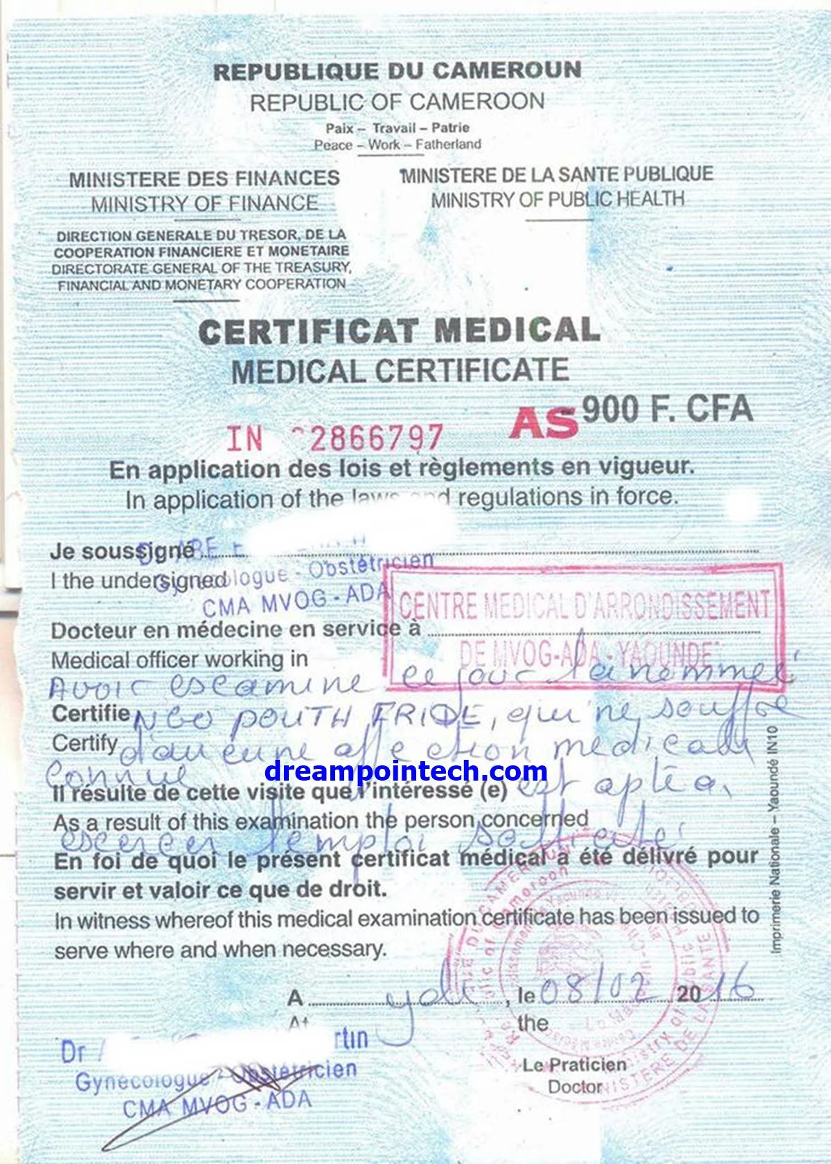 Example of an issued medical certificate in Cameroon