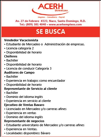 #Empleo ACERH Dominicana tiene 6 #Vacante Envía tu CV