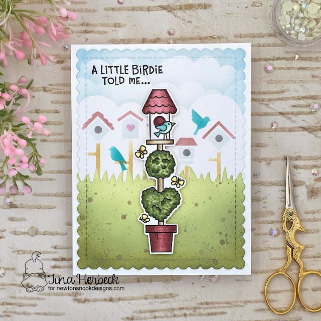 Birdhouse card by Tina Herbeck | Birdhouse Greetings Stamp Set, Birdhouse Line Stencil, Clouds Stencil, Land Borders Die Set and Frames & Flags Die Set by Newton's Nook Designs