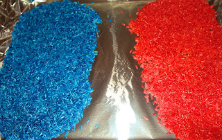 Dye rice using food coloring. 