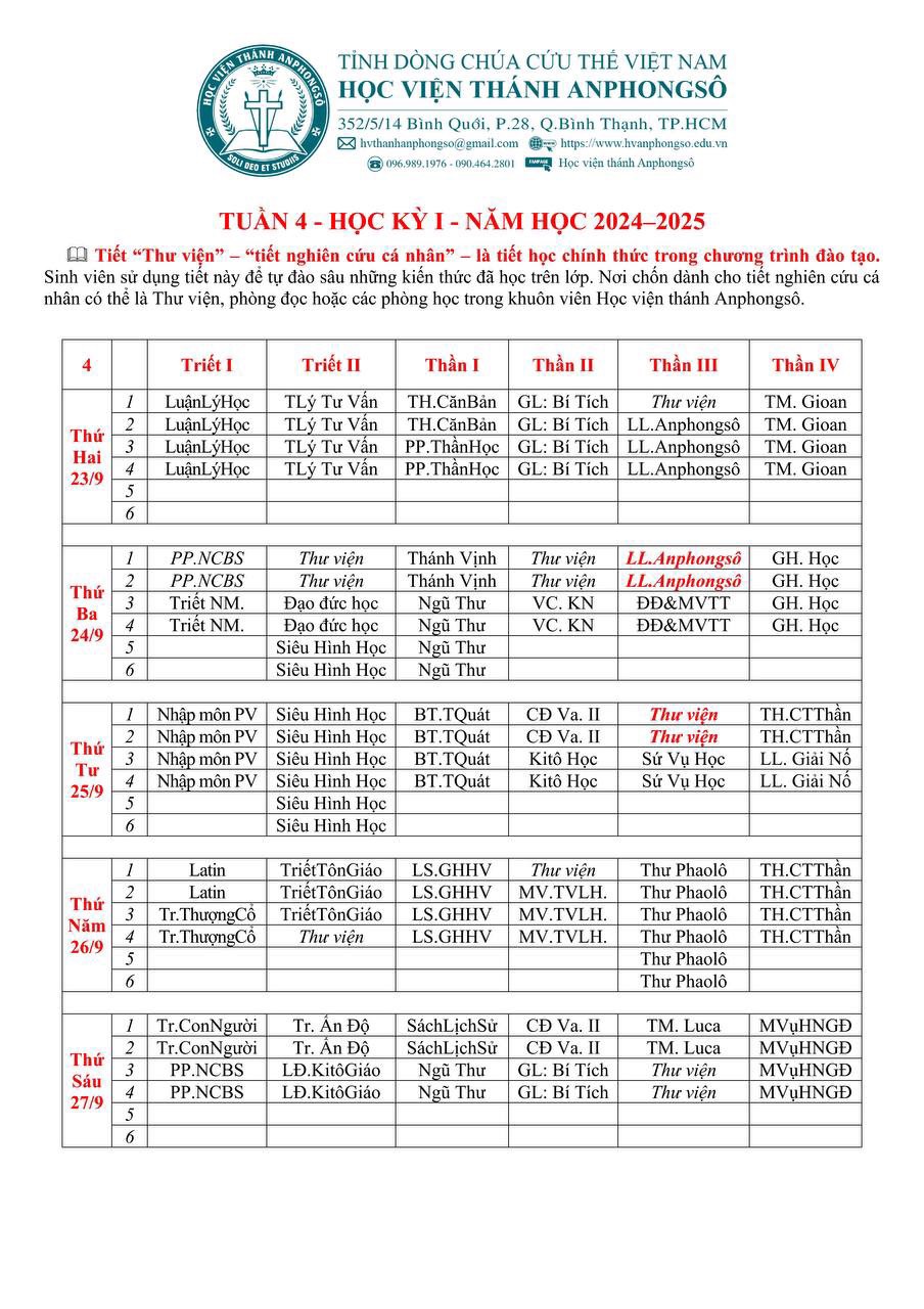 Thời khoá biểu tuần IV - HK I - 2024-2025