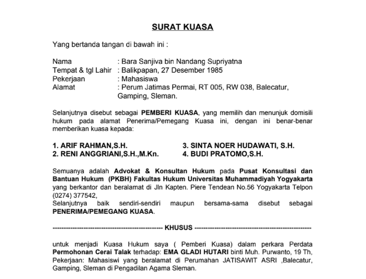 Contoh Surat Kuasa Tergugat Di Pengadilan Agama Contoh Surat