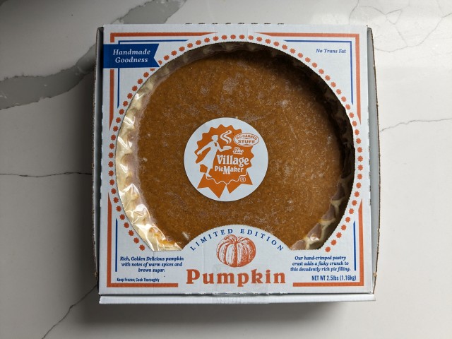 A frozen Village PieMaker Pumpkin Pie in its box.
