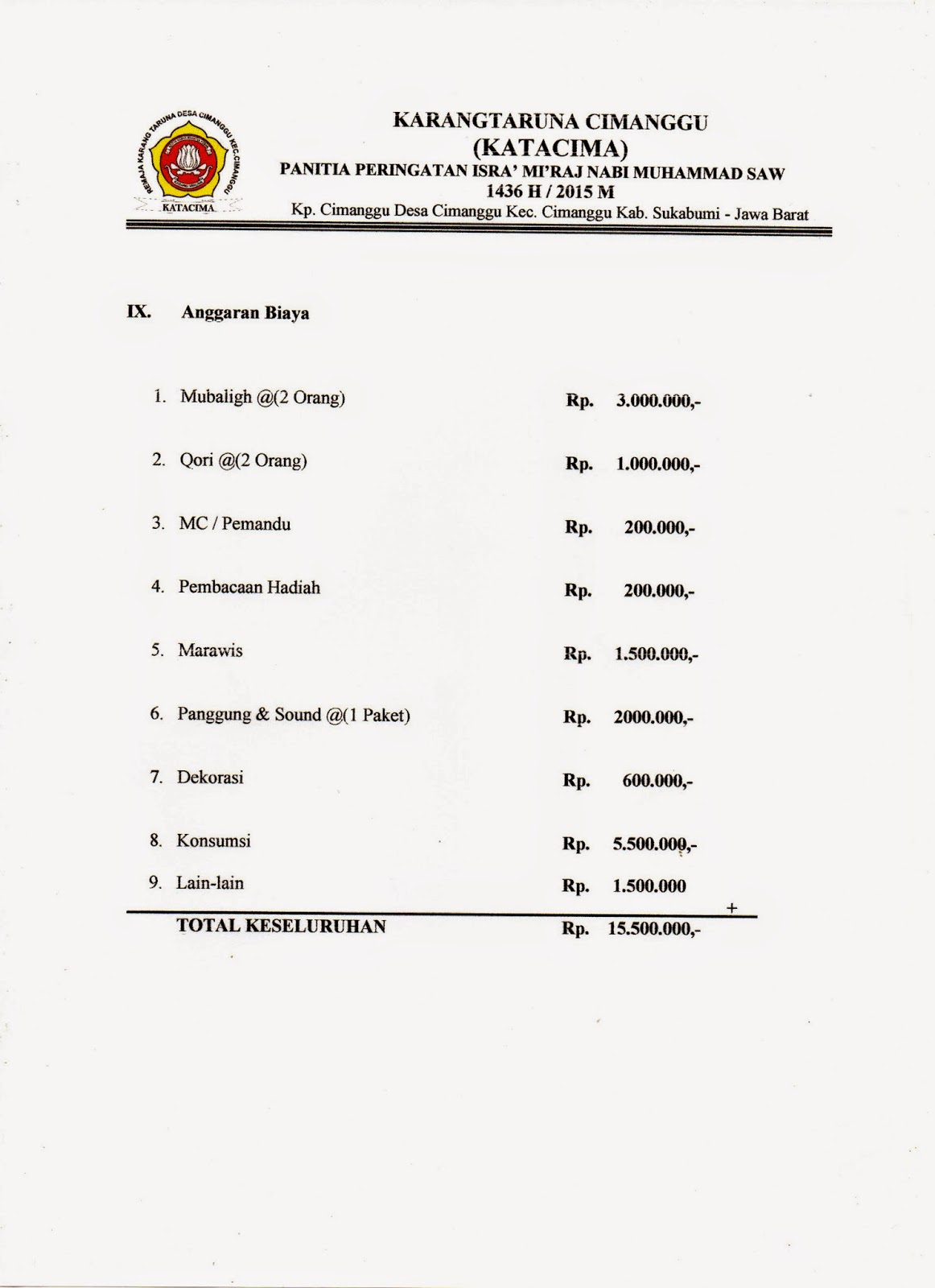 KARANG TARUNA CIMANGGU (KATACIMA): PROPOSAL ISRA' MI'RAJ 