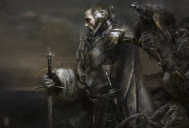 A painting of a knight and hawk by fantasy artist Eve Ventrue