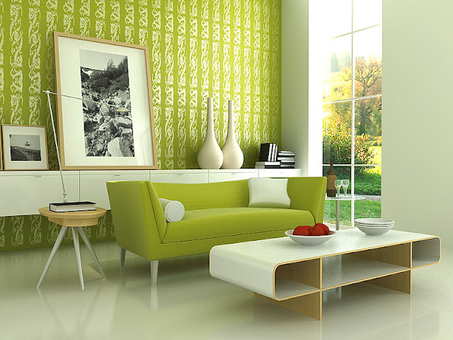 hiasan ruang tamu moden tema hijau