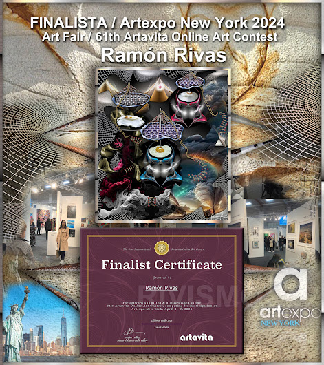 La obra de Ramón Rivas "Composición Metaestable sobre Cimientos Unicelulares" presentada al concurso junto al Certificado que le acredita Finalista del Concurso.