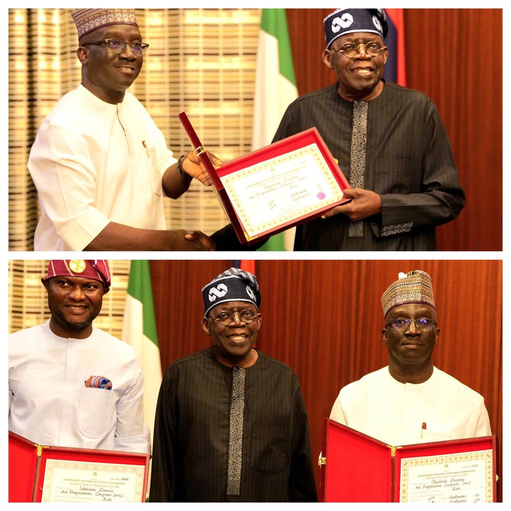 Gubernatorial candidate of the ruling All Progressives Congress (APC) and Governor-Elect of Edo State, Senator Monday Okpebholo, presents his Certificate of Return to President Asiwaju Bola Ahmed Tinubu