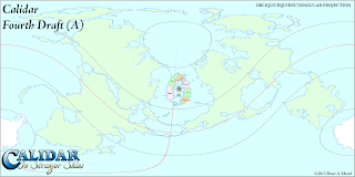 The World of Calidar, Fourth Draft World Map, Oblique Equirectangular Projection