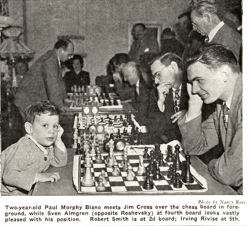 Sven Elias Almgren; Two year old Paul Morphy Bisno meets Jim Cross over the chess board in foreground, while Sven Almgren (opposite Reshevsky) at fourth board looks vastly pleased with his position. Robert Smith is at 2d board; Irving Rivise at 5th.