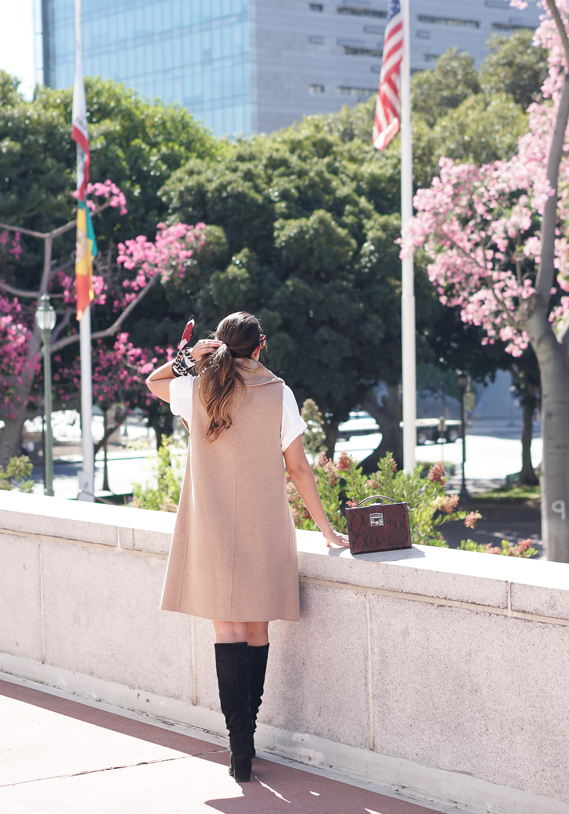 Zara Camel Waistcoat, Camel Waterfall Vest, Zara Black chunky heel boots, Zara Scarf, Celine Audrey Sunglasses, Fall Outfit Ideas, Fall Fashion, bracelet scarf, Downtown LA Photoshoot, Los Angeles City Hall