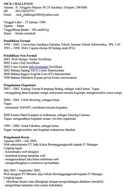 Contoh Penulisan Biodata diri Untuk Keperluan Lamaran 