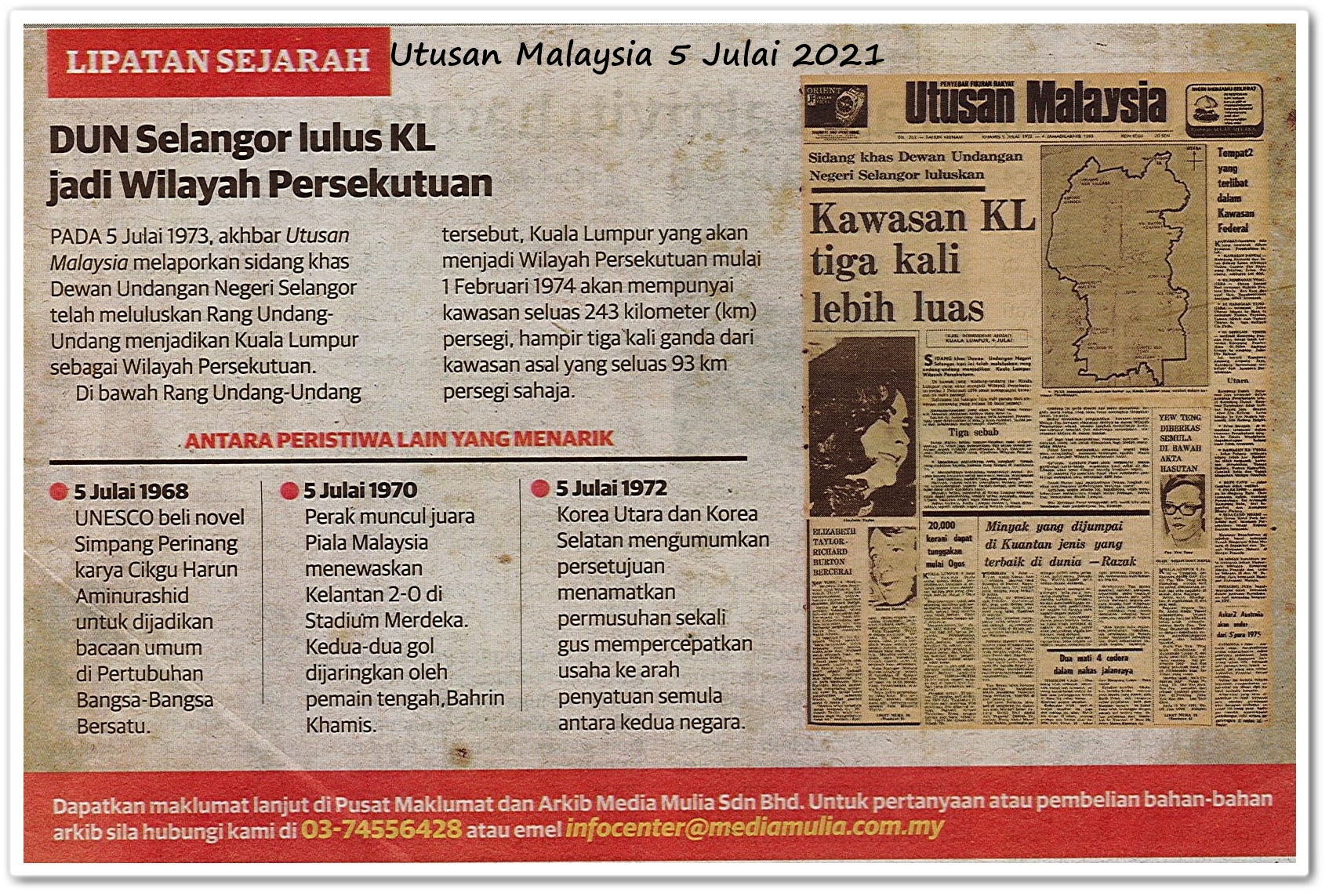 Lipatan sejarah 5 Julai - Keratan akhbar Utusan Malaysia 5 Julai 2021